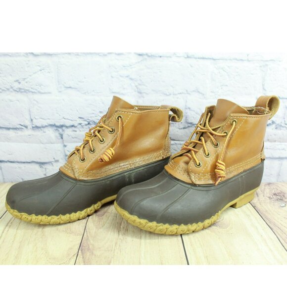 LL Bean Brown Leather Lace Up Round Toe Unlined Ankle Duck Boots Size 8 Wide - Picture 2 of 10